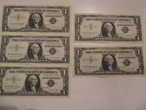 lot 10 image: 1957 SILVER CERTIFICATE ONE DOLLAR BILLS -  SERIES 1957A  CONSECTIVE NUMBERS 56-60    CRISP  UNC   (X $$)