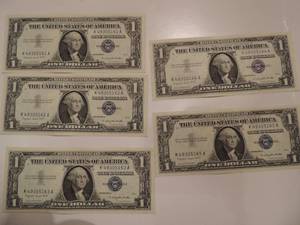lot 18 image: 1957 SILVER CERTIFICATE ONE DOLLAR BILLS -  SERIES 1957A CONSECTIVE NUMBERS 61-65     CRISP  UNC   (X $$)