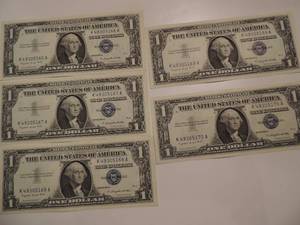 lot 26 image: 1957 SILVER CERTIFICATE ONE DOLLAR BILLS -  SERIES 1957A CONSECTIVE NUMBERS 66-70    CRISP  UNC   (X $$)