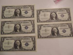 lot 50 image: 1957 SILVER CERTIFICATE ONE DOLLAR BILLS -  SERIES 1957A CONSECTIVE NUMBERS 81-85   CRISP  UNC   (X $$)