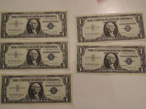 lot 58 image: 1957 SILVER CERTIFICATE ONE DOLLAR BILLS -  SERIES 1957A CONSECTIVE NUMBERS 86-90   CRISP  UNC   (X $$)