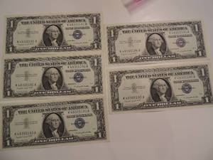 lot 66 image: 1957 SILVER CERTIFICATE ONE DOLLAR BILLS -  SERIES 1957A CONSECTIVE NUMBERS91-95     CRISP  UNC   (X $$)