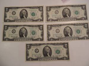 lot 80 image: 2 DOLLAR BILLS CRISP, SERIES 1976  QTY 5