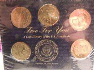 lot 2 image: COIN HISTOTY OF US PRESIDENTS - 5 BRASS COINSSEALED  MADISON, LINCOLN, TYLER, JOHNSON, HARRISON
