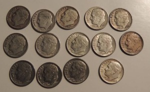 lot 5 image: ROOSEVELT DIMES - 1946, 1951 X2, 1956, 1961 X2, 1962, 1964 X4, 1965, 1967, 1971  QTY 14