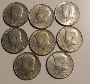 lot 9 image: KENNEDY HALF DOLLAR -1968  QTY 8
