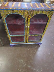 lot 3 image: UNIQUE HAND PAINTED WOOD DISPLAY CASE WITH SHELVES AND SWING OPEN FRONT DOORS.&nbsp