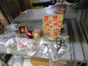 lot 60 image: LOT OF ORNAMENTS, HAND PAINTED BIRDS IN BOXES, AND METAL RODS.&nbsp