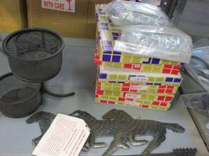 lot 64 image: METAL WALL DECOR WITH HOOKS, BAGS OF JEWELRY PENDANTS, ORGANIZER, WALL DECOR STILL NEW IN PACKAGING.&nbsp
