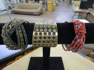 lot 185 image: CUFF BRACELET AND HAND BEADED BRACELETS WITH BEADS FROM INDIA. BRACELET STAND NOT INCLUDED.&nbsp