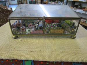 lot 201 image: VINTAGE GLASS JEWELRY DISPLAY BOX FULL OF BEADS