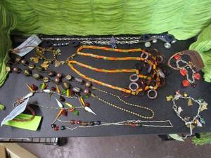 lot 316 image: HAND BEADED NECKLACES.. TRANSLUCENT GLASS VEGGIES BEADED NECKLACE, CAT CHARM BRACELET, GLASS HEART BRACELET, CHUNKY RING NECKLACE, AND MORE
