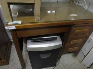 lot 418 image: WOOD DESK WITH GLASS TOP.DESK AND GLASS TOP ONLY, PAPER SHREDDER NOT INCLUDED