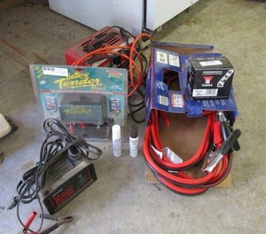 lot 11 image: SEARS BATTERY CHARGER, BATTERY TENDER, JUMPER CABLES, YUASA SPECIALTY BATTERY NEW, 6 AMP BATTERY CHARGER