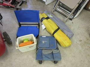 lot 53 image: ICE CHEST, STADIUM CHAIR, FOLDING COOLER, 2 FOLDING CHAIRS WITH CARRYING BAGS