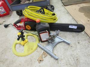 lot 42 image: CORDED HOMELITE CHAINSAW W BAR OIL, SPRINKLERS, HEAVY DUTY HOSE