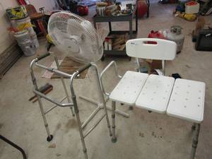 lot 61 image: STANDING FAN, WALKER, SHOWERBATH CHAIR