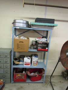 lot 14 image: SHELF INCLUDING ALL CONTENTS PAINTS, PANS, RAGS, PAINT THINNER, ETC.