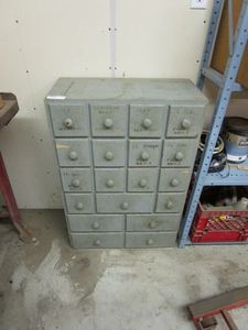 lot 23 image: VINTAGE SOLID WOOD PARTS CABINET. EVERY DRAWER IS FILLED COMPLETELY, SEE PICS