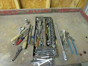 lot 22 image: TOOL TRAY WITH GENEROUS QUANTITY OF WRENCHES, SOCKETS, SCREW DRIVERS, SAW &amp MUCH MORE