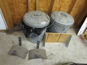 lot 67 image: 2, ROUGHLY, 17 TALL TIN TRASH CANS WITH LIDS &amp HANDLES, 2 MOUNTABLE HOSE RACKS, WOODEN SHELF