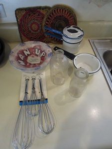 lot 182 image: ANTIQUE MILK GLASSES, HAND MADE BOWL FROM HART STREET, WISKS, COW PATTERN POTS, POT HOLDERS