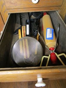 lot 184 image: CONTENTS IN DRAWERS OF HOOSIER CABINET IN KITCHEN