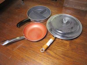 lot 202 image: 3 PANS-1 COPPER CHEF 8, 10 CLUB ALUMINUM THAT HAS 3 SEPERATE SECTIONS IN PAN, &amp 1 WITH LID