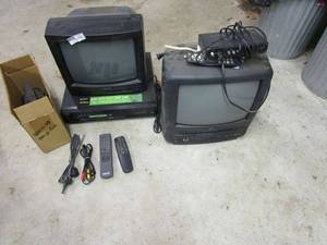 lot 51 image: VINTAGE TVs WITH REMOTES, 1 WITH VHS IN UNIT, SEPERATE DVD PLAYER, PROJECTOR