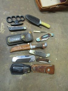 lot 97 image: VERY GENEROUS LOT OF KNIVES (11) &amp VINTAGE BRASS KNUCKLES