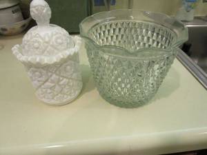 lot 100 image: MILK GLASS JAR WITH LID &amp STUDDED JAR