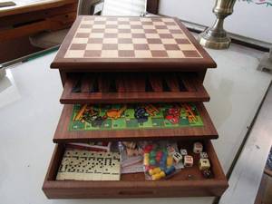 lot 128 image: WOODEN GAME SET W CHESS, CHECKERS, DOMINOES, BACKGAMMON, CHINESE CHECKERS &amp MORE