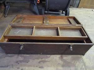 lot 268 image: ANTIQUE WOODEN STORAGETOOL CHEST, MARKED REMODELING &amp REPAIR ON TOP