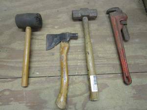 lot 326 image: RUBBER MALLET, HATCHET, SMALL SLEDGE HAMMER, PIPE WRENCH
