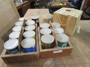 lot 271 image: LG QTY OF VARIOUS NAILS AND SCREWS IN COFFEE CANS AND WOODEN CARRYING BOX, LG QTY OF TWINE