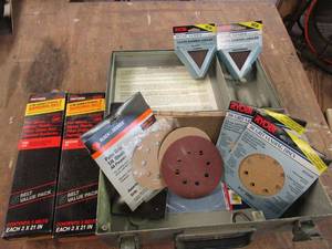 lot 310 image: VARIETY OF SANDING DISCS, BELTS, ANGLE SANDING CLOTHS, DIFFERENT GRITS IN METAL STORAGE CONTAINER