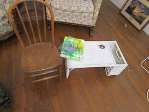 lot 267 image: ANTIQUE SMALL WOODEN CHAIR, WICKER BREAKFAST IN BEDLAP TRAY, STENCILS, DRAWING PAD