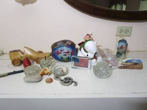 lot 298 image: XMAS DECOR, ELF ON A SHELF, CRYSTAL BALL &amp APPLE, ANTIQUE DRADLE, PAINTED ROCKS