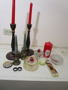 lot 296 image: VARIOUS CANDLES &amp CRYSTAL, WOODEN CANDLE STICK HOLDERS, BRASS Z Y INDIA CANDLE STICK HOLDERS-DOUBLE AS A BELL