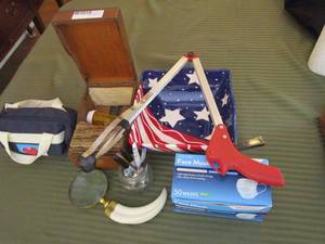 lot 361 image: BOX OF MASKS, GRABBER TOOL, STARS &amp STRIPES DISH, UNIQUE MAGNIFYING GLASS