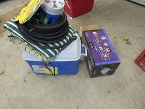lot 96 image: OUTDOOR CHAIR CUSHIONS, ICE CHEST, AIR MATRESS, HOSE