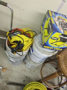 lot 24 image: MULTIPLE EXTENSION CORDS, WORKSTATION LIGHT, SHERWIN WILLIAMS PAINT HALF FULL AND BUCKETS