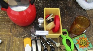 lot 70 image: Kitchen utensils- hand can opener, red tea pot.jar opener, chip dip etc.