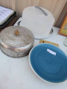 lot 80 image: Covered cake plate, cutting board, bowl with lid and more