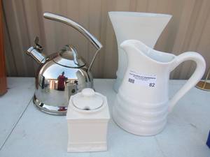 lot 82 image: Farval Pitcher,  large white flower vase, , Silver handle tea pot
