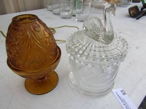 lot 93 image: Brown glass fairy light,  swan covered candy dish