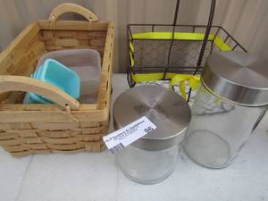 lot 96 image: Double handle wicker basket, 2 covered cannisters, black metal handle basket