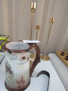 lot 97 image: West German HANDLED jug w woman figurine by Gerald Porzzallan, 3 gold tone candle holders,