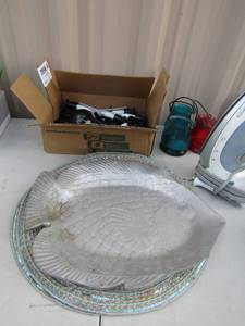 lot 101 image: Silver Fish platter, steam iron, 3 tea light holders, box of soap dispenser pumps