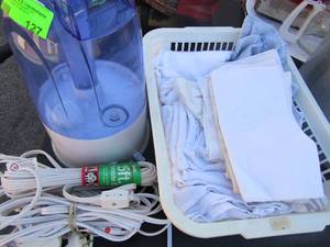 lot 127 image: Blue and white humidifier , 2 15 remote onoff extension cords,  an assortment of handkerchiefs in container